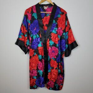 Vtg Beaux Reves LA Intimates Robe Slip Dress Set Sz L Satin Floral Lingerie 90s